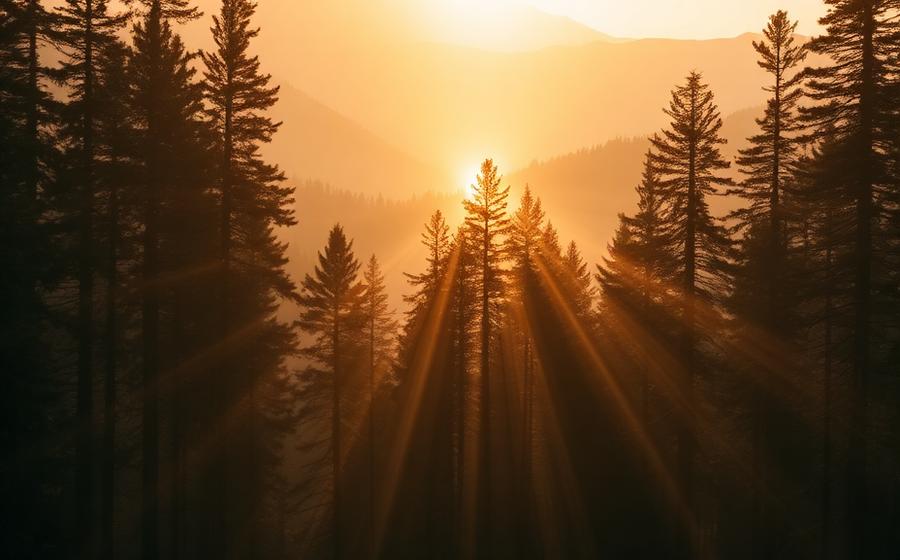 Raggi di sole tra gli alberi di una foresta di conifere