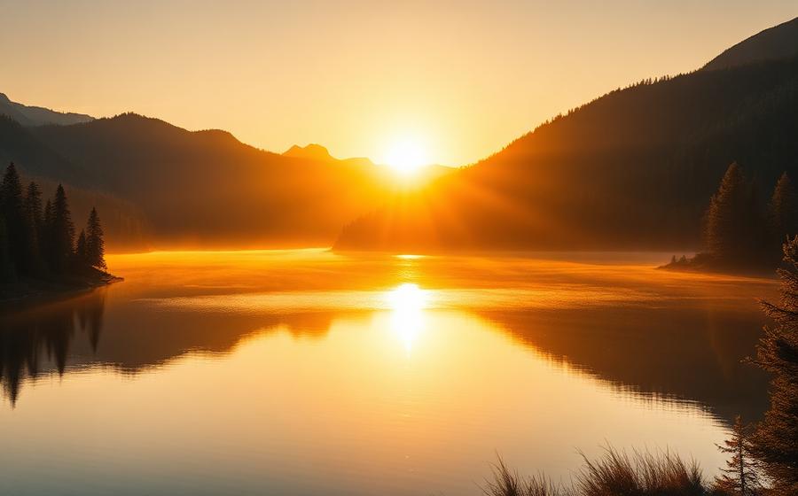 Alba dorata su un lago di montagna