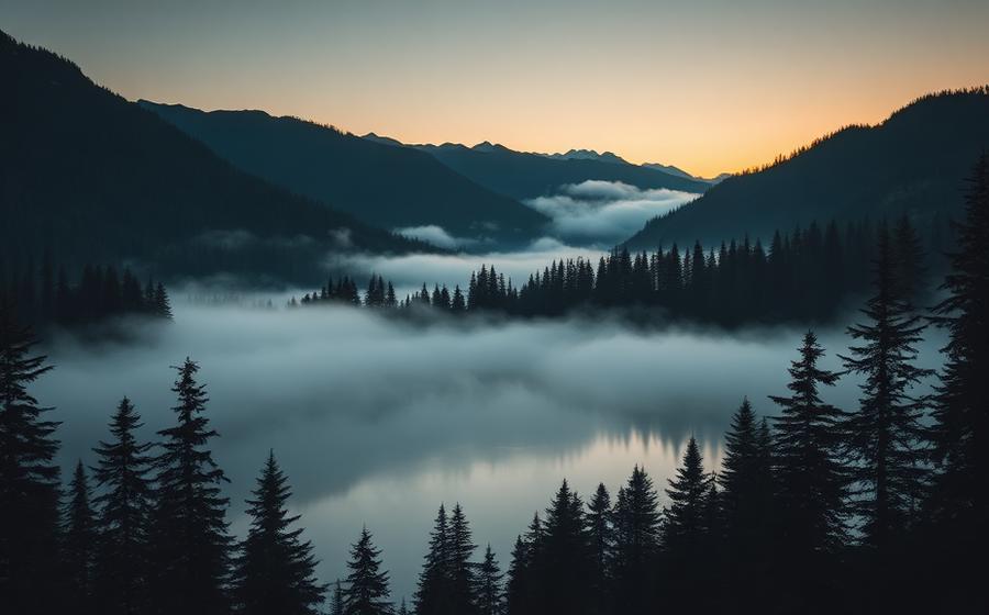 Lago alpino avvolto dalla nebbia all'alba