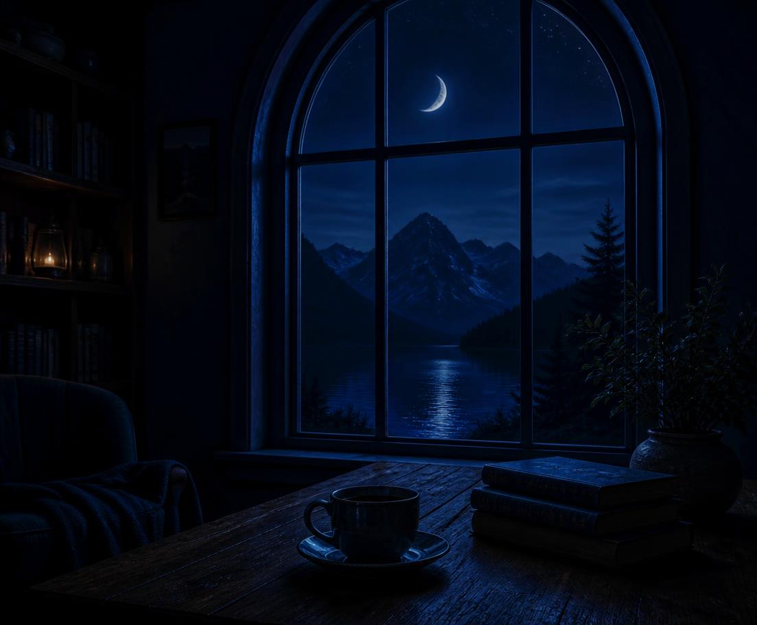 Finestra ad arco che si affaccia su un lago di montagna di notte con luna crescente