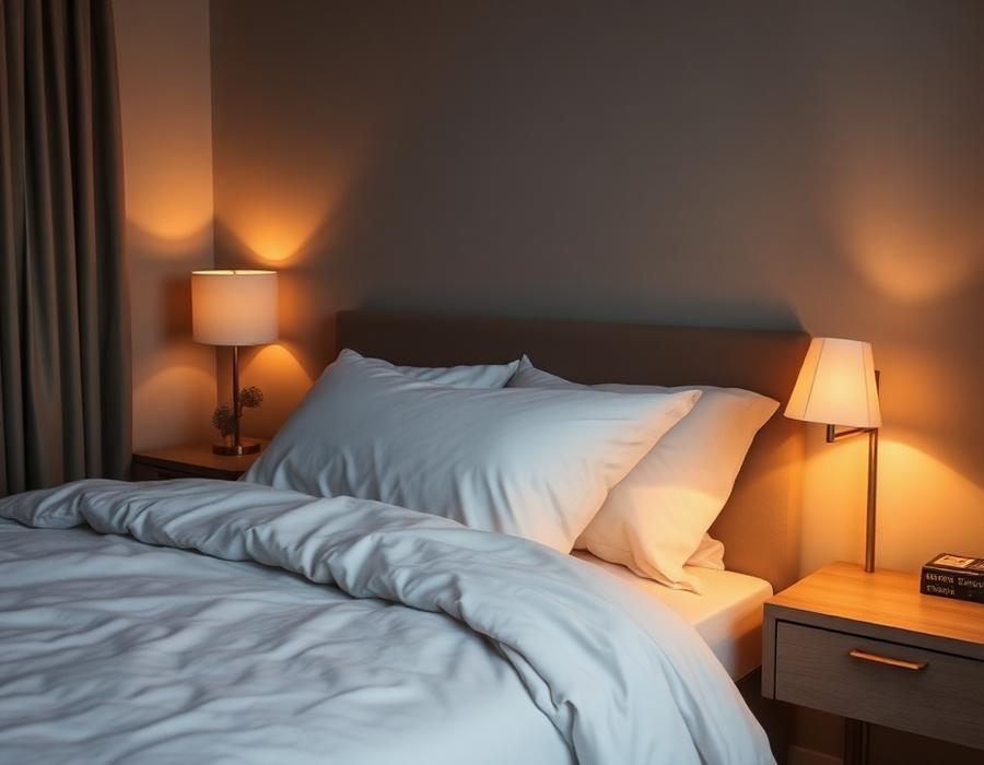Camera da letto minimale con luce calda di una lampada da comodino