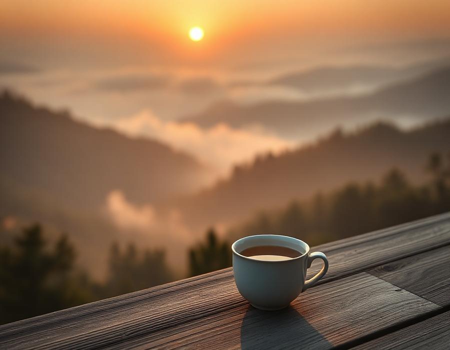 Tazza di tè su un davanzale di legno davanti a montagne all'alba