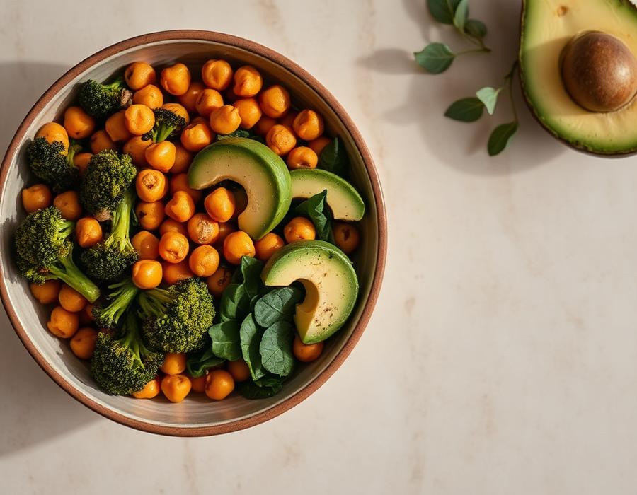 Ciotola con ceci, broccoli e avocado su superficie in pietra chiara